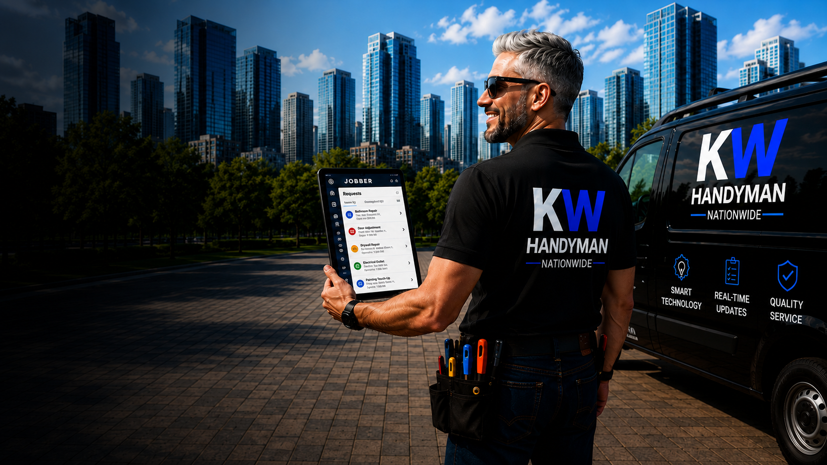 KW Handyman technician with tablet in front of a black KW service van and South Florida skyline